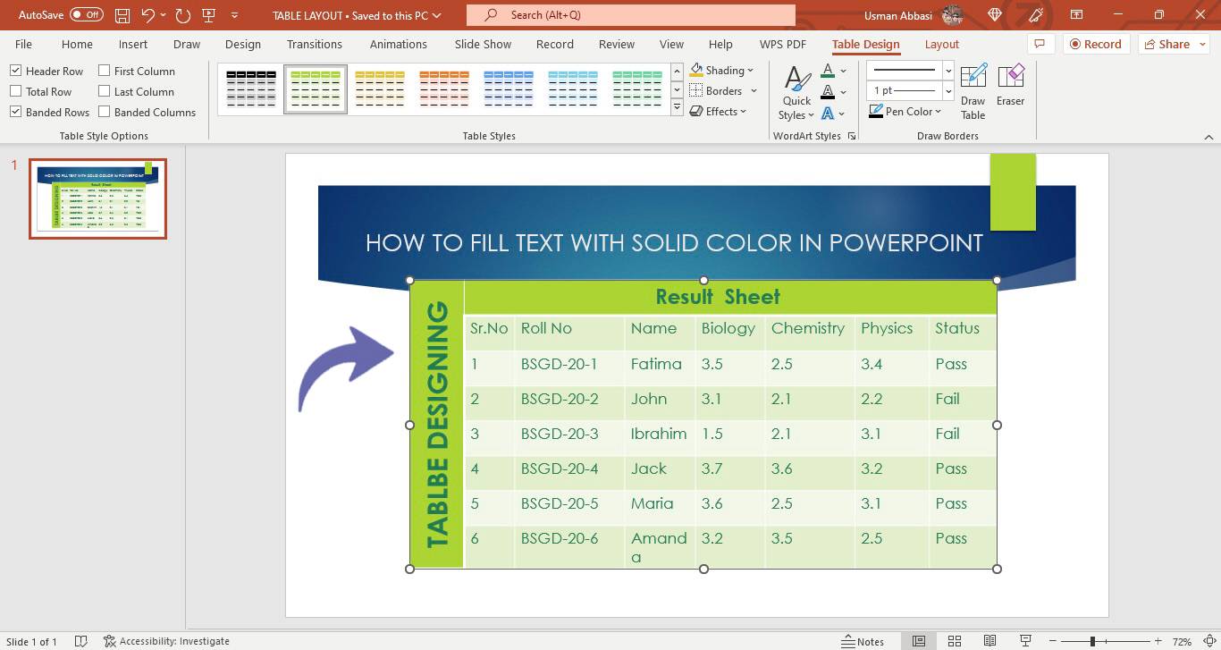 Customizing the text outline colors of the table in PowerPoint