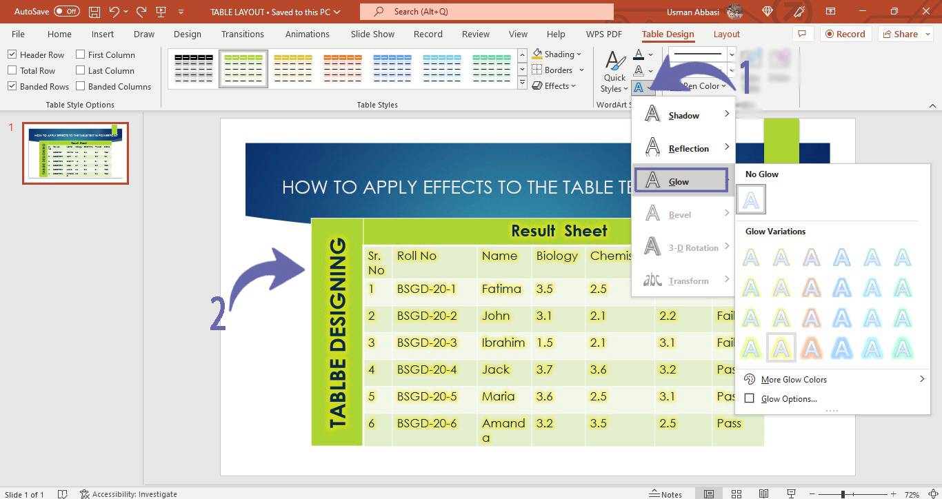 Applying effects to the text of the table in PowerPoint