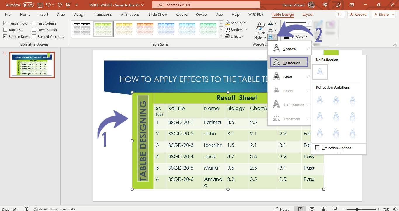 Applying effects to the text of the table in PowerPoint