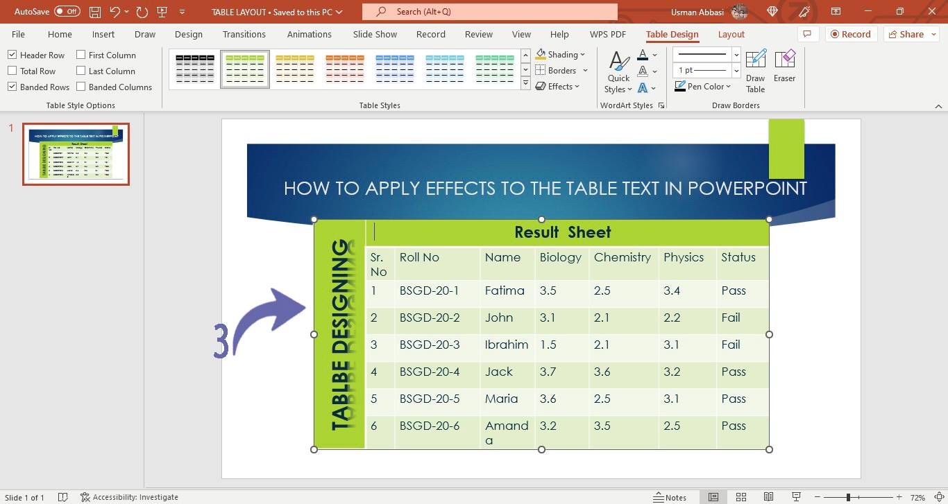 Applying effects to the text of the table in PowerPoint