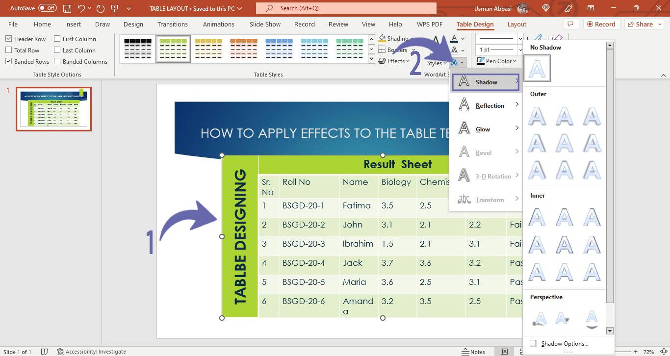 Applying effects to the text of the table in PowerPoint
