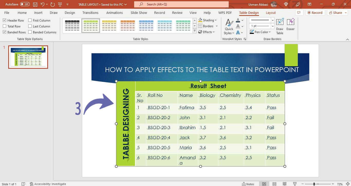 Applying effects to the text of the table in PowerPoint