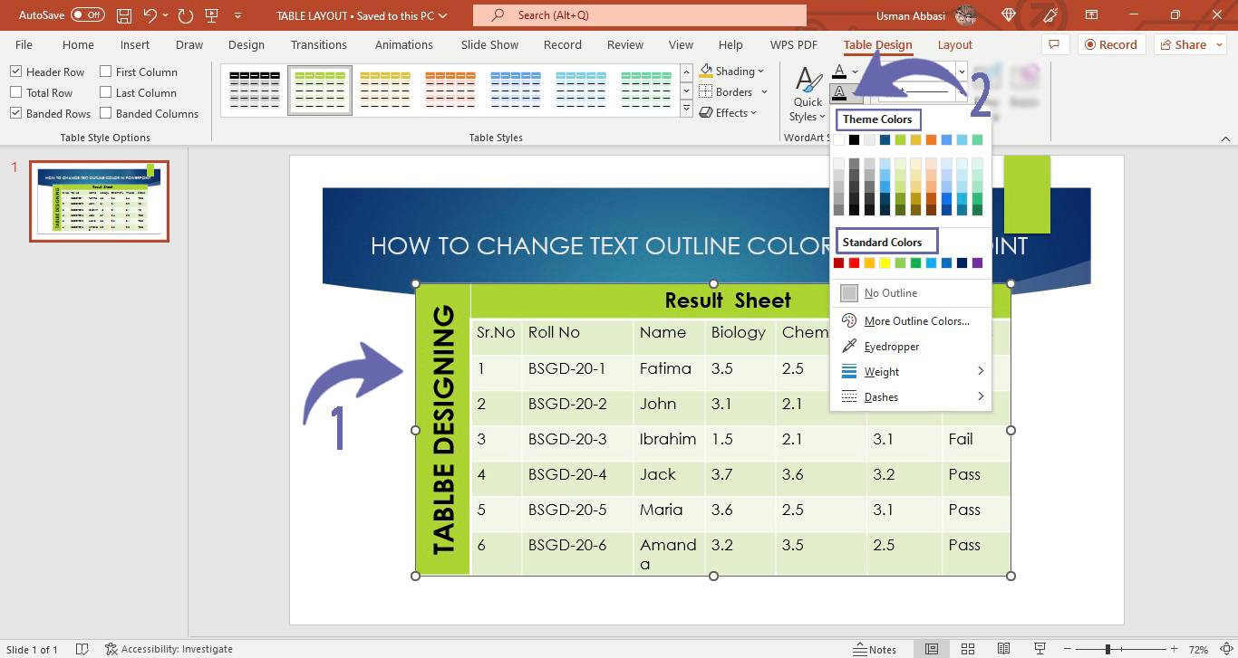 Customizing the text outline colors of the table in PowerPoint